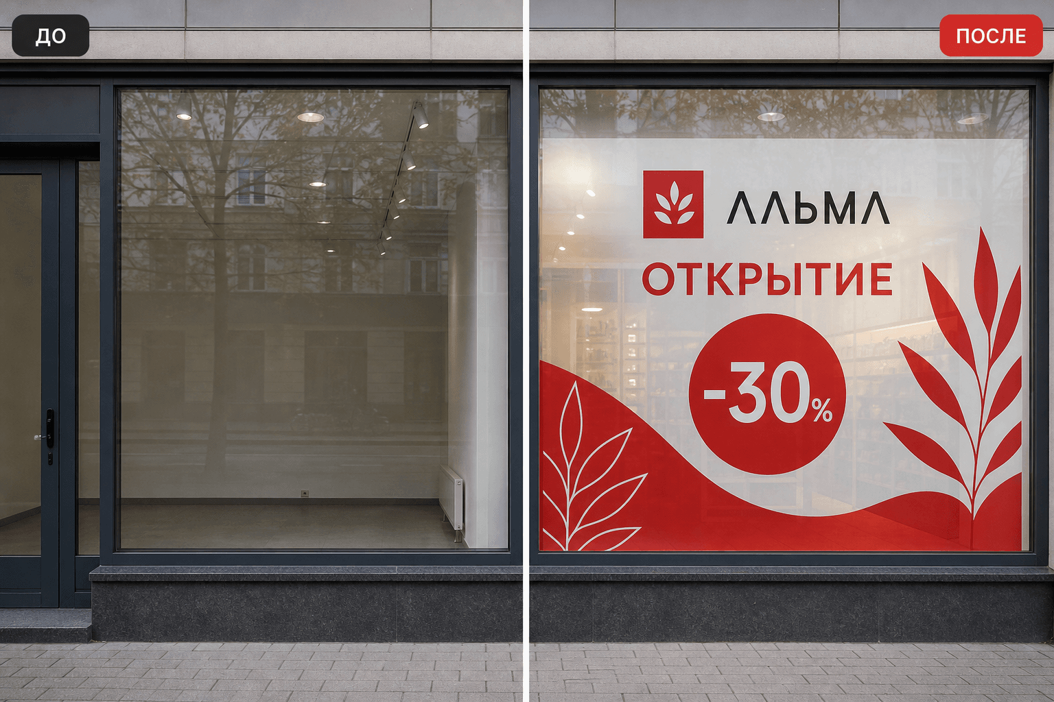 Визуализация: Концепция оформления витрины до и после нанесения графики